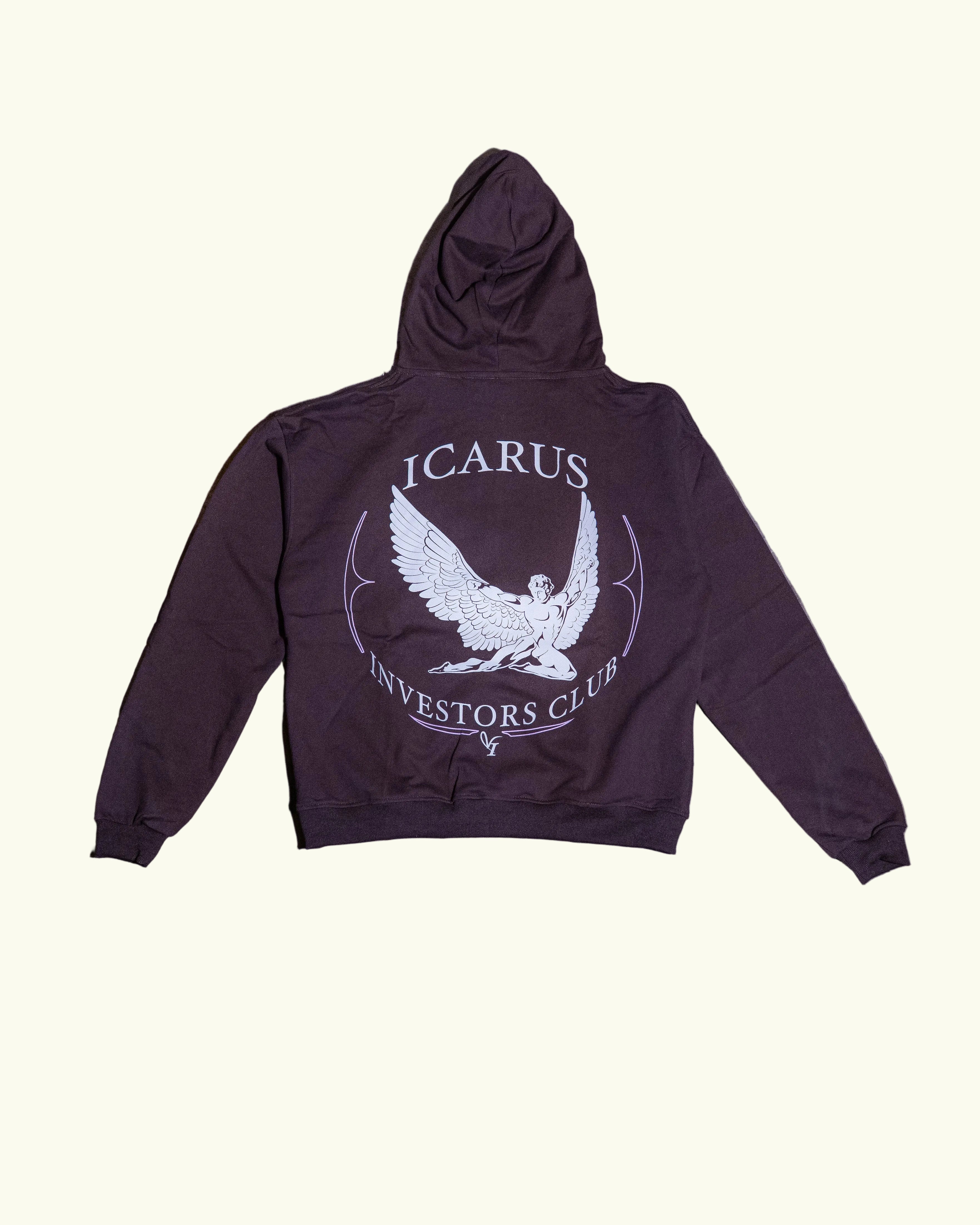 Brown hoodie with 'Icarus Investors Club' logo on a concrete floor