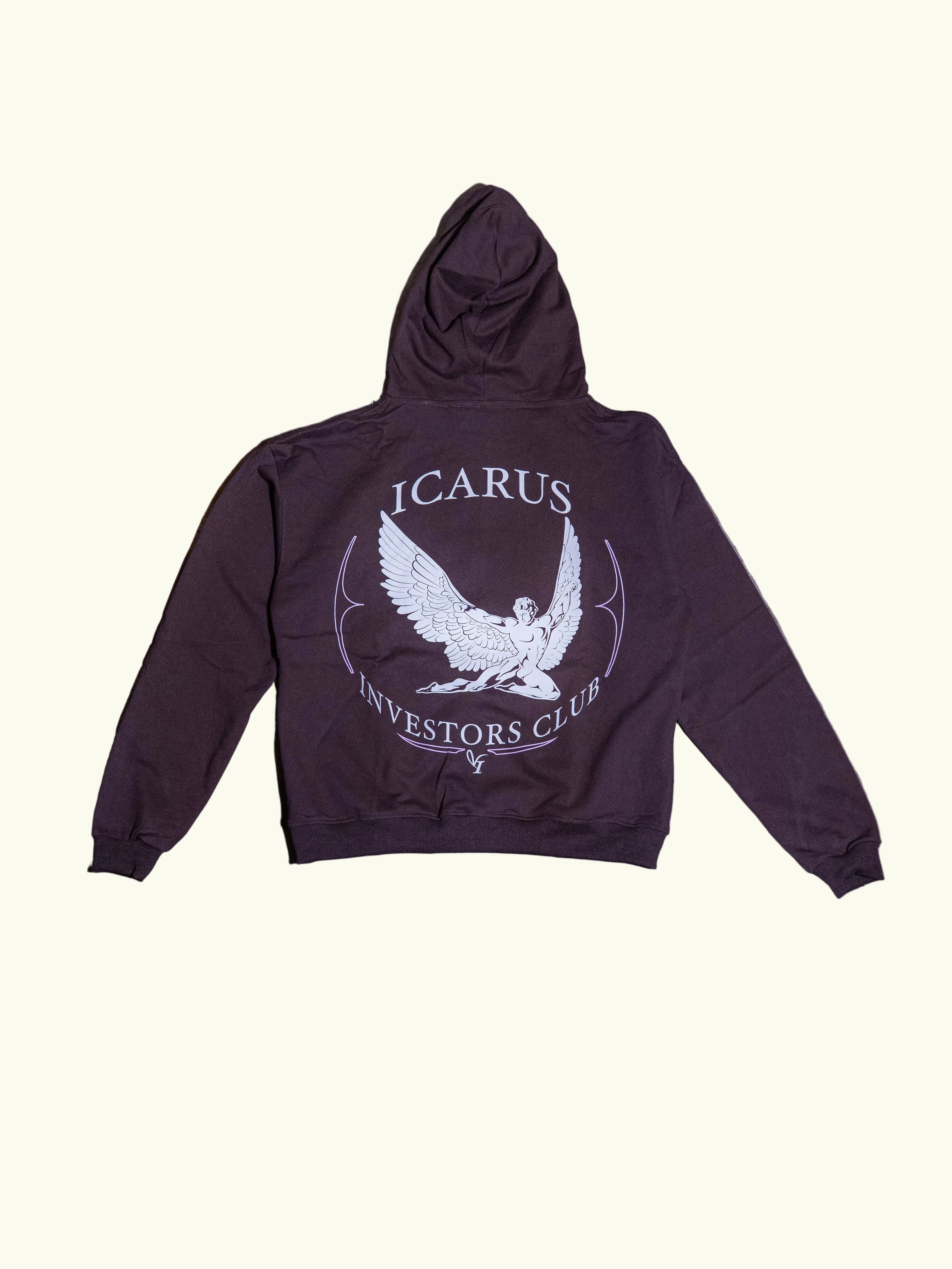Brown hoodie with 'Icarus Investors Club' logo on a concrete floor