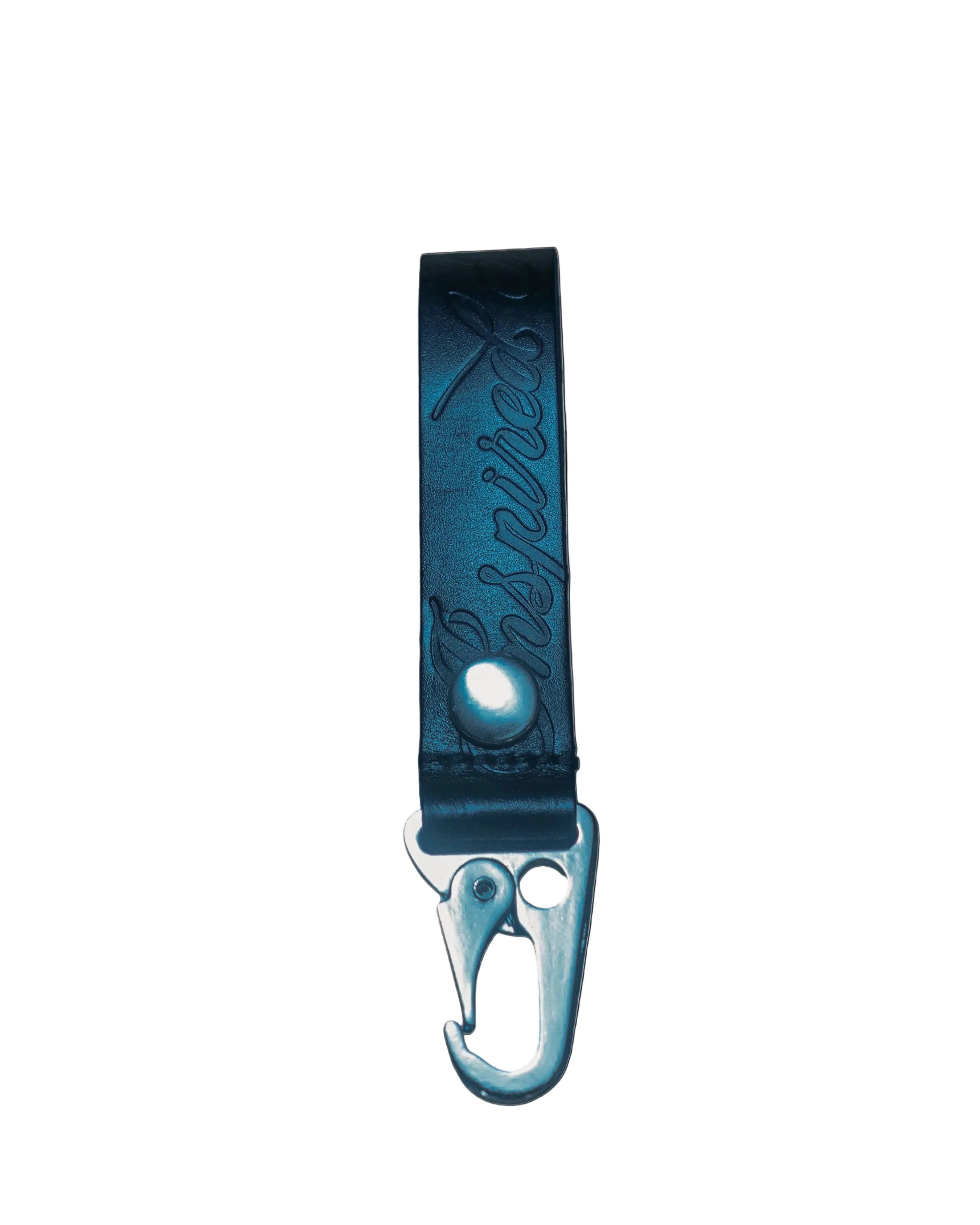 Blue leather keychain with carabiner on a white background