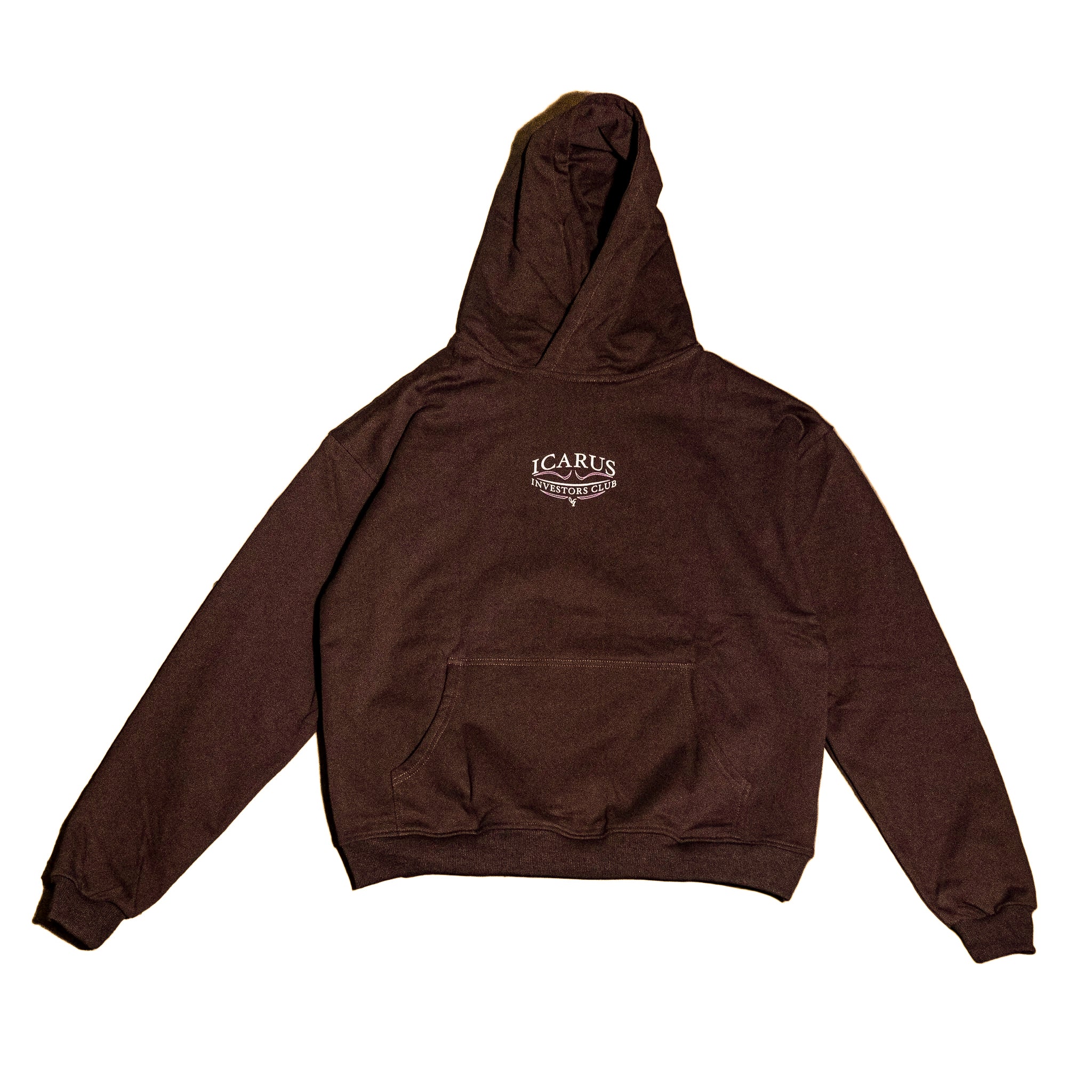 Purple hoodie with a logo on the chest against a white background